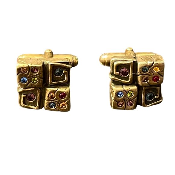 Vintage Patricia Locke Cufflinks Multicolor Crystals & Gold-Tone Geometric Desig
